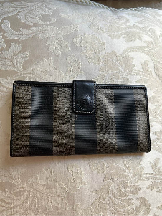Fendi Handbags - 7077. Vintage Fendi Black and Brown Pequin Striped Coated Canvas Flap Wallet